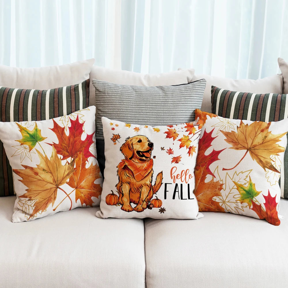 1pc/4pcs Fall Pillowcase Pet Maple Leaf Puppy Design Sofa Cushion Cover Thanksgiving Fall Harvest Farmhouse Room Decoration